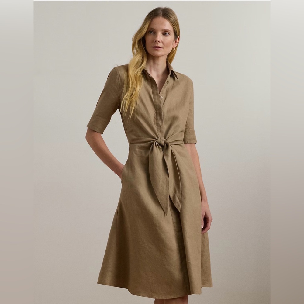 Ralph Lauren Knot-Tie Midi Shirt Dress in Camel Brown - Picture 3 of 9